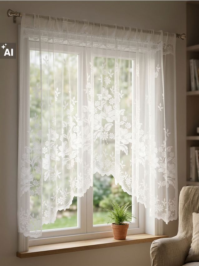 Sinsay - Perdea din dantelă pe bandă cu motiv de trandafiri - alb