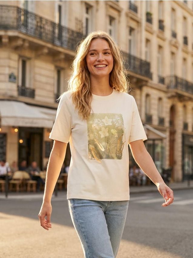 Sinsay - Bawełniana koszulka z krótkim rękawem i złotym nadrukiem - kremowy