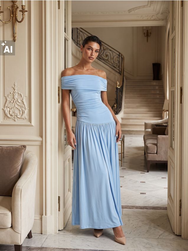 Sinsay - Rochie off-shoulder cu cusătură asimetrică - albastru-pal