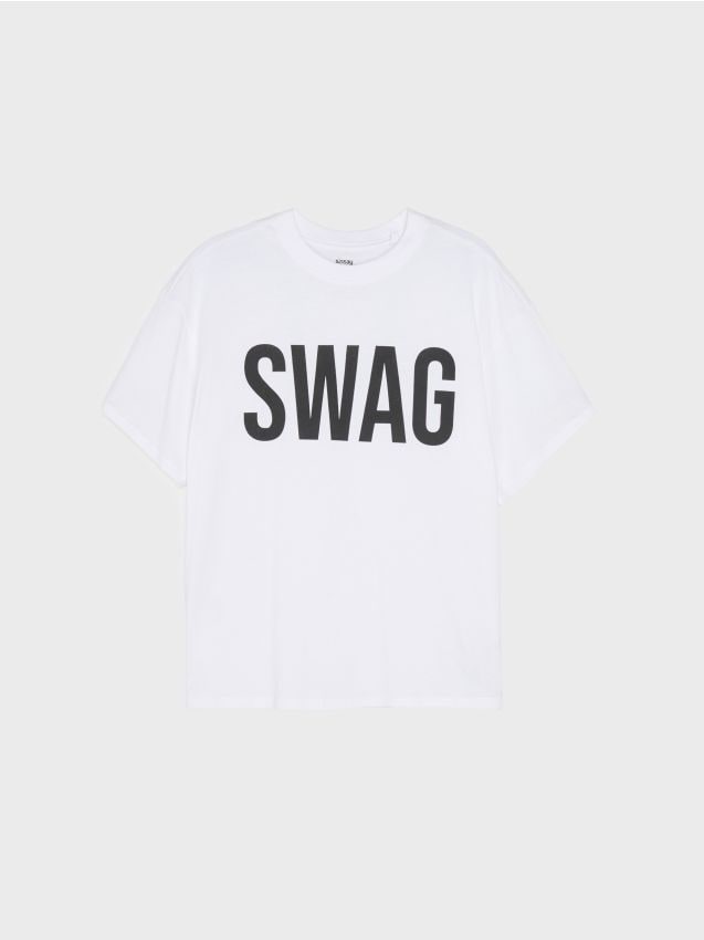 Sinsay - Tricou oversized din bumbac, cu text SWAG - alb