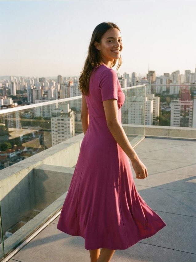 Sinsay - Rochie midi din modal cu decolteu în V și mânecă scurtă - roz-aprins