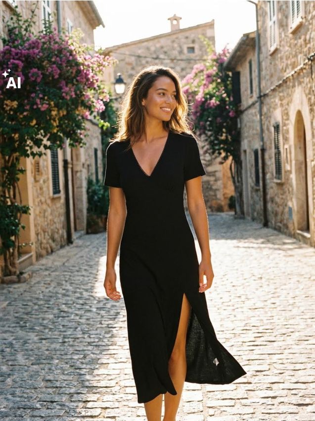 Sinsay - Rochie midi din modal cu decolteu în V și mânecă scurtă - negru
