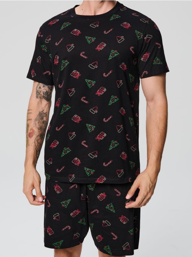 Sinsay - Świąteczna piżama dwuczęściowa z nadrukiem choinek i prezentów - czarny