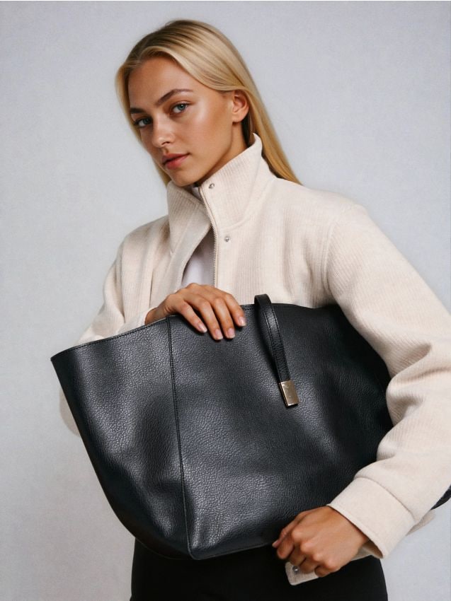 Sinsay - Geantă shopper din imitație de piele - negru