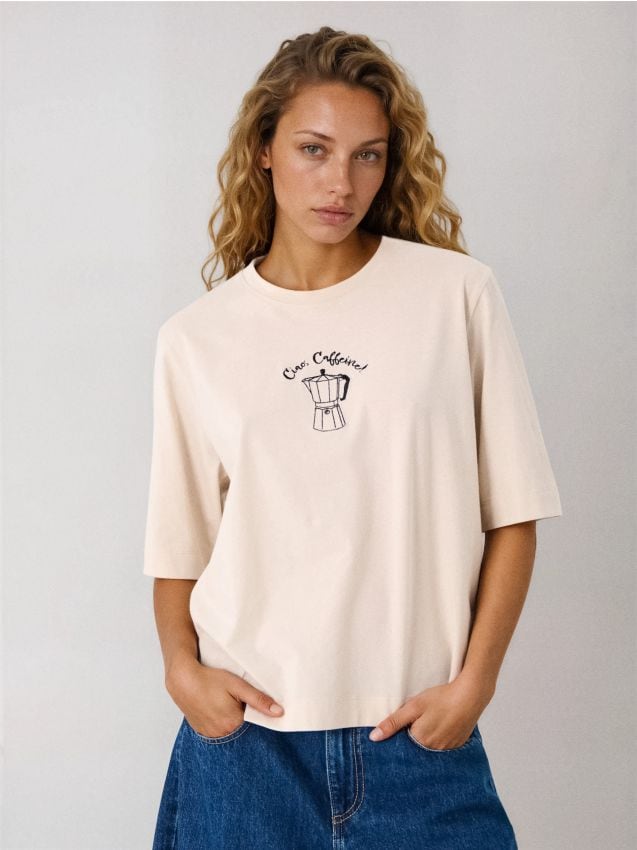Sinsay - Tricou din bumbac cu broderie - nude
