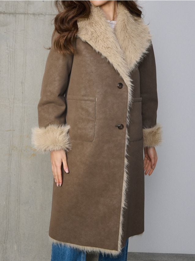 Sinsay - Palton lung cu blană artificială - maro-închis