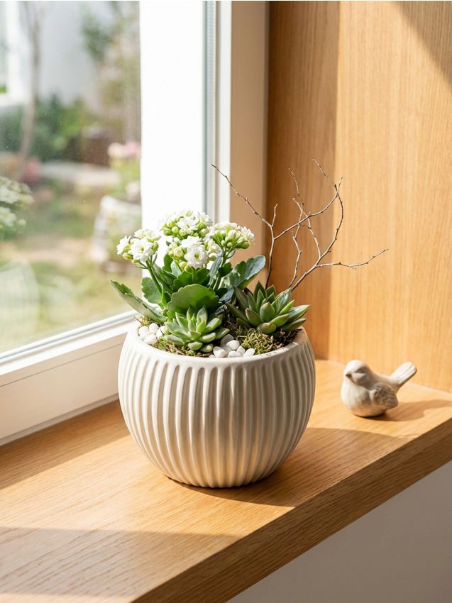 Sinsay - Ghiveci ceramic cu striații - crem