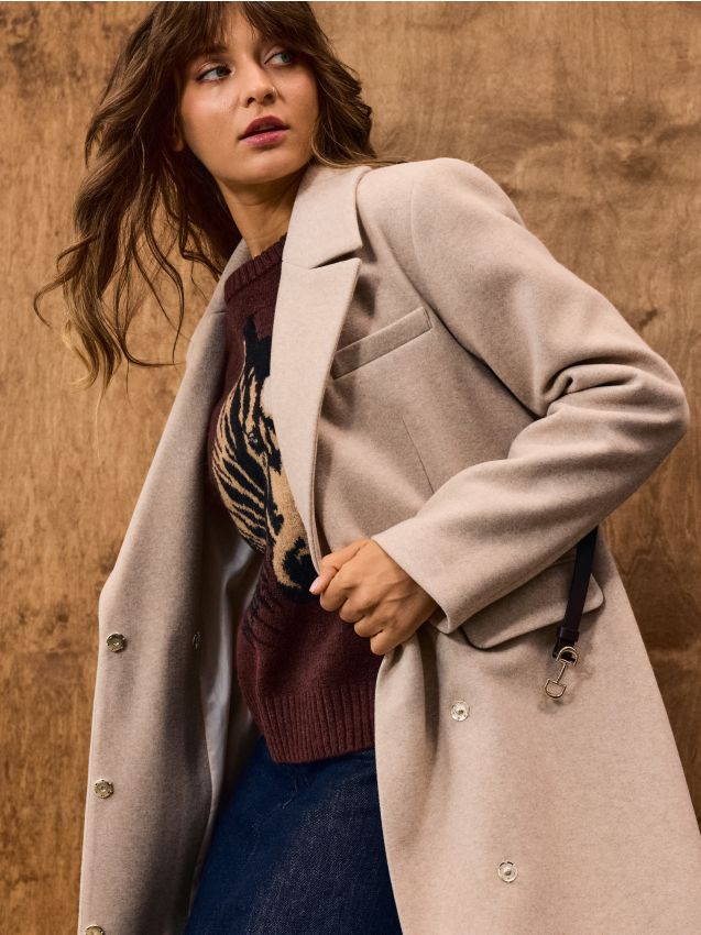 Sinsay - Palton lung cu centură - nude