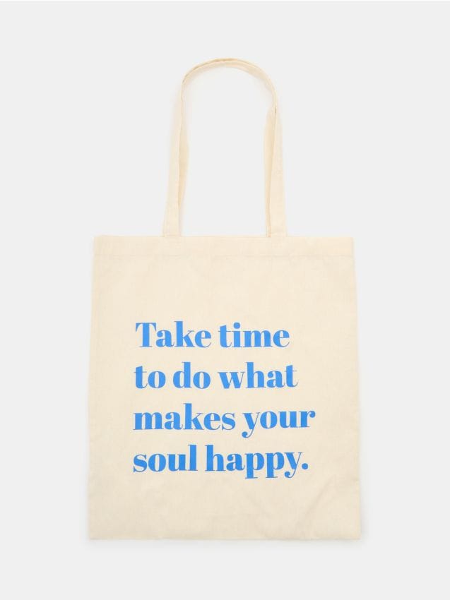 Sinsay - Materiałowa torba shopper z napisem - kremowy