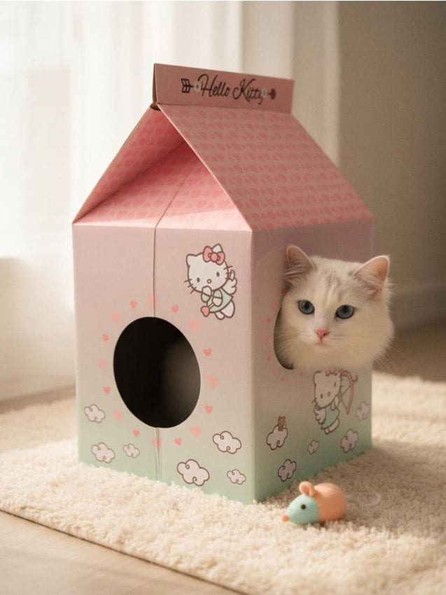 Sinsay - Căsuță din carton pentru pisici cu zgârie-nori Hello Kitty - roz-pastel