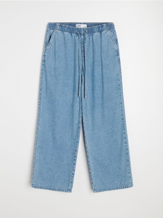 Sinsay - Blugi wide leg cu efect prespălat - albastru