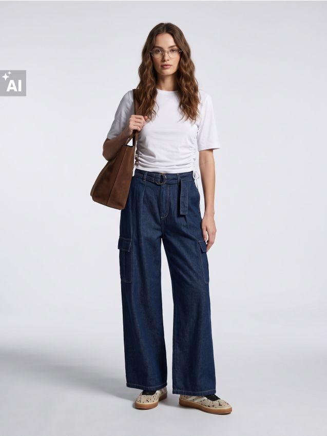Sinsay - Blugi wide leg cu talie înaltă și curea - albastru metalizat