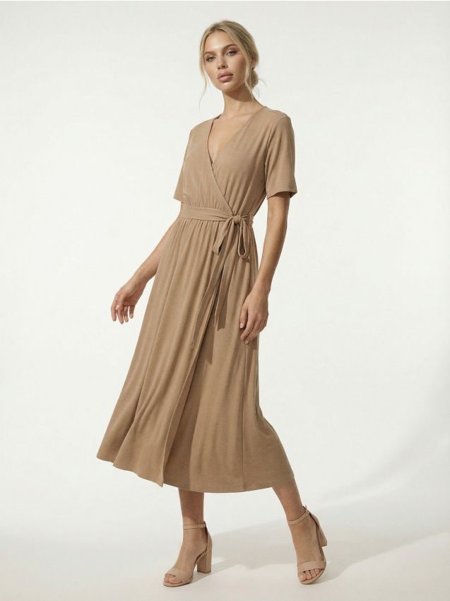 Sinsay - Rochie midi cu curea din material cu modal - bej