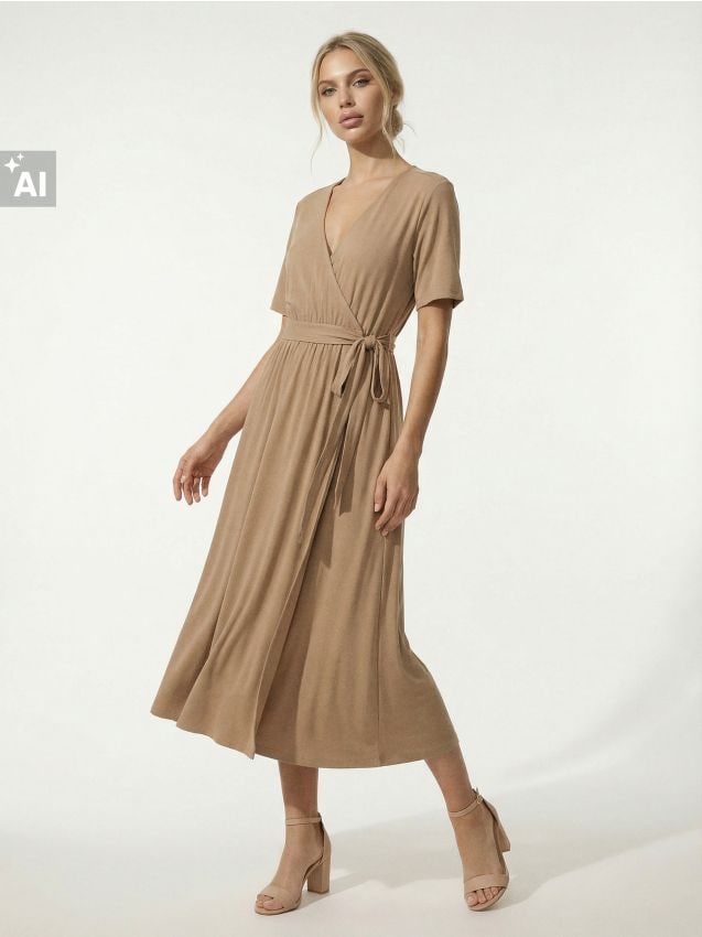 Sinsay - Rochie midi cu curea din material cu modal - bej