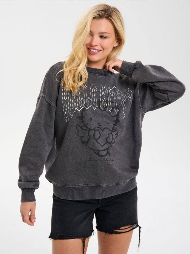 Sinsay - Mikina s opraným efektom Hello Kitty - oceľovo zelená