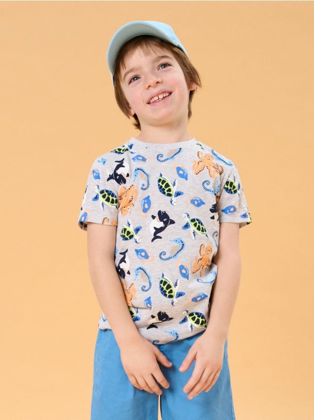Sinsay - Tricou cu motiv cu animale marine - gri deschis