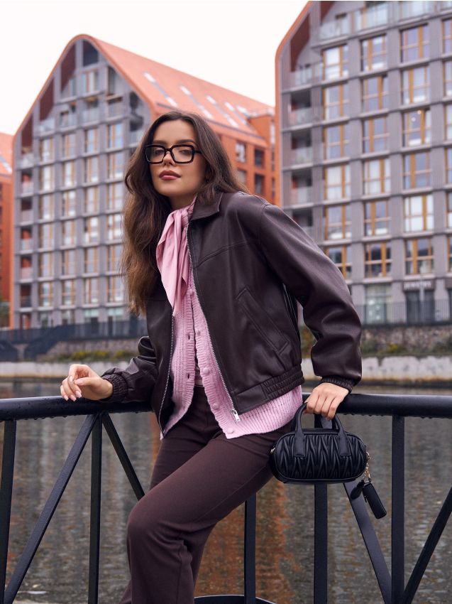 Sinsay - Geacă bomber din piele ecologică - maro-închis