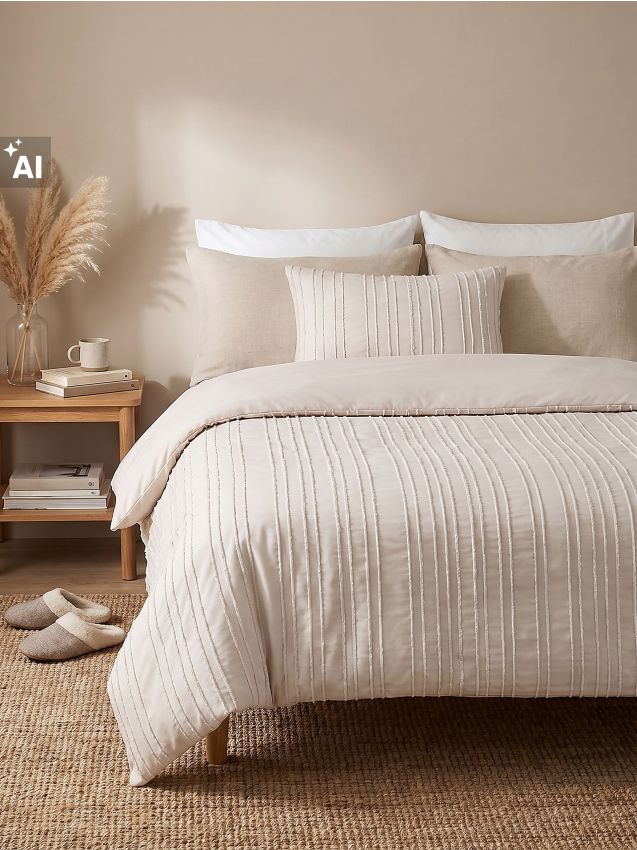 Sinsay - Set de lenjerie de pat reversibilă cu linii decorative - bej