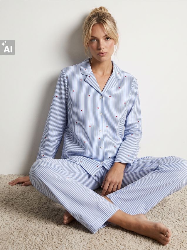 Sinsay - Pijama din două piese în dungi și cu inimi, cu amestec de viscoză - albastru-pal