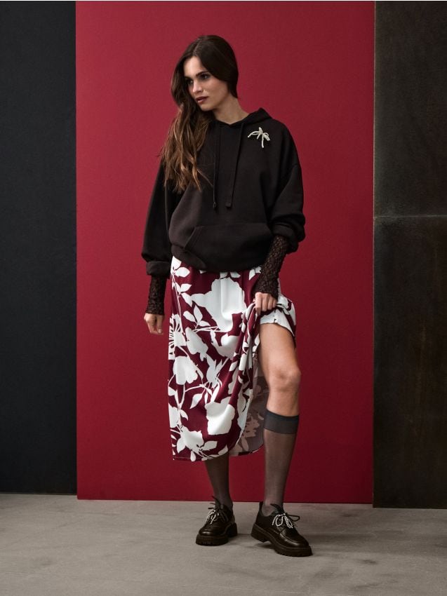 Sinsay - Fustă midi cu motiv floral - bordo