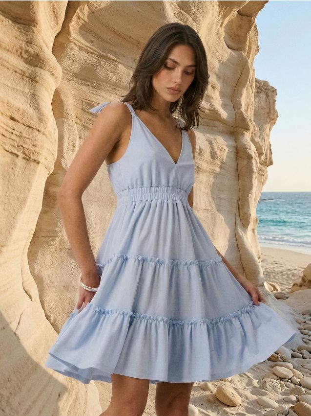 Sinsay - Rochie mini cu efect în trepte cu vâscoză - albastru-pal