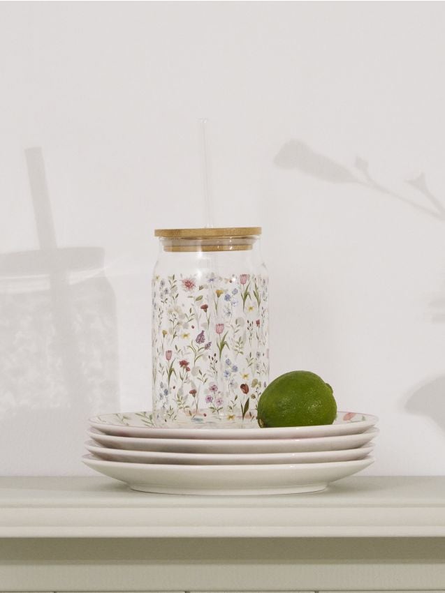 Sinsay - Sklenený hrnček s kvetmi, viečkom a slamkou - viacfarebná