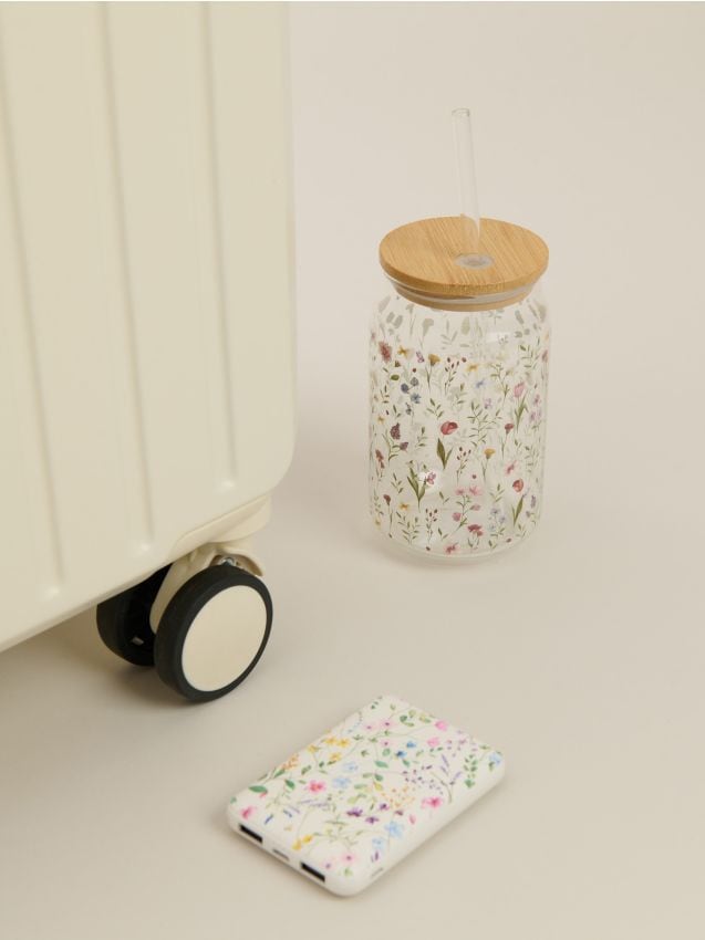 Sinsay - Sklenený hrnček s kvetmi, viečkom a slamkou - viacfarebná