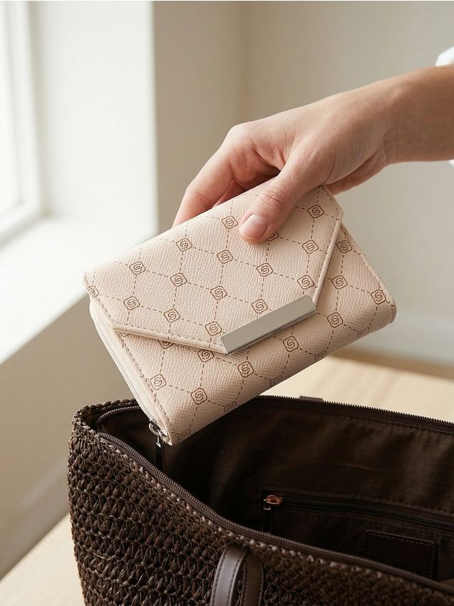 Portafoglio con patta e zip con motivo monogramma - beige