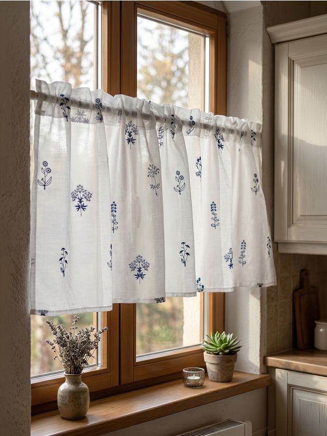 Set di tende a mezza altezza con motivo floreale ricamato 2 pack - blu pallido