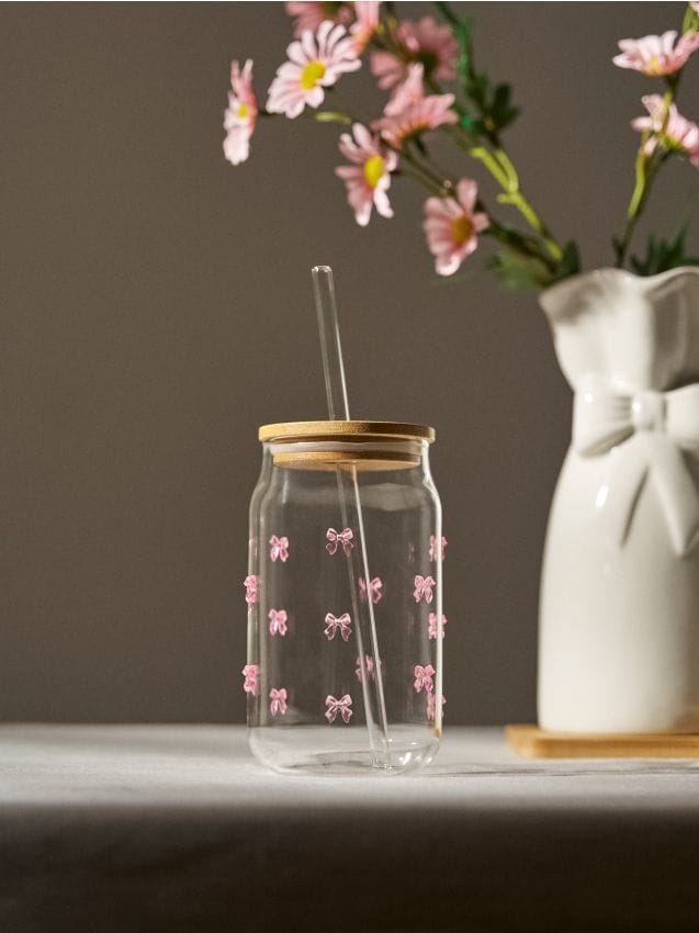 Sinsay - Sklenený hrnček s viečkom a slamkou s mašličkami - clear