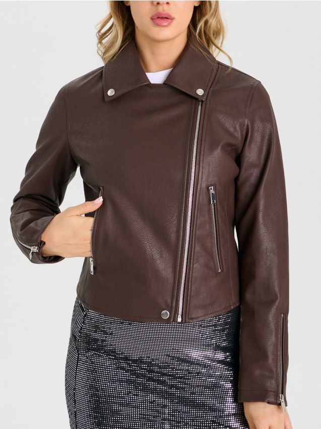 Sinsay - Geacă biker din imitație de piele - maro-închis