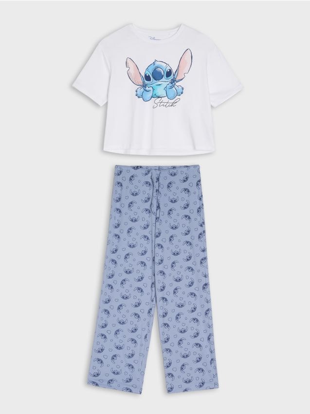 Sinsay - Pijamă din bumbac în două piese Stitch - alb