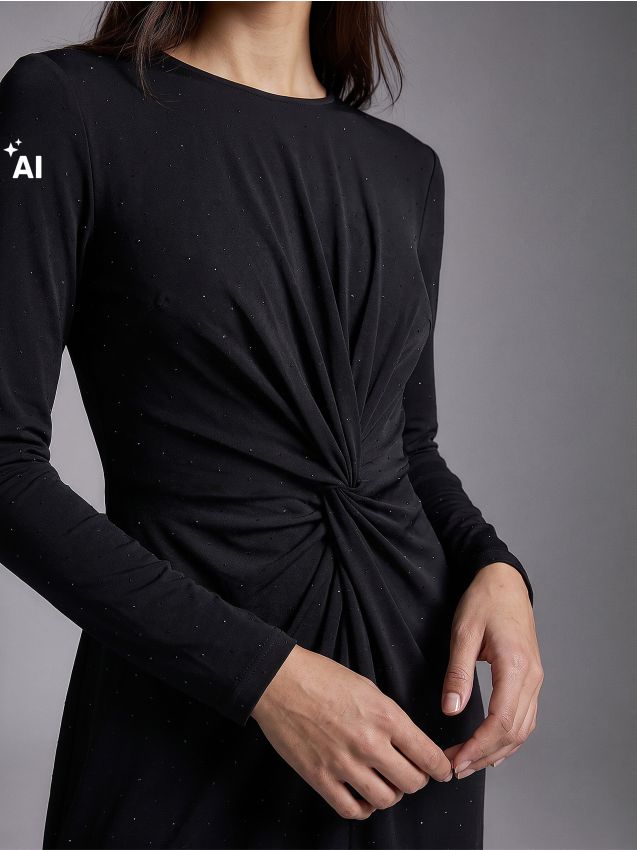 Sinsay - Rochie maxi cu strasuri, drapaj și pernițe pentru umeri cusute - negru