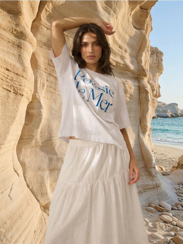 Sinsay - Tricou din bumbac cu text brodat Poesie de Mer - alb