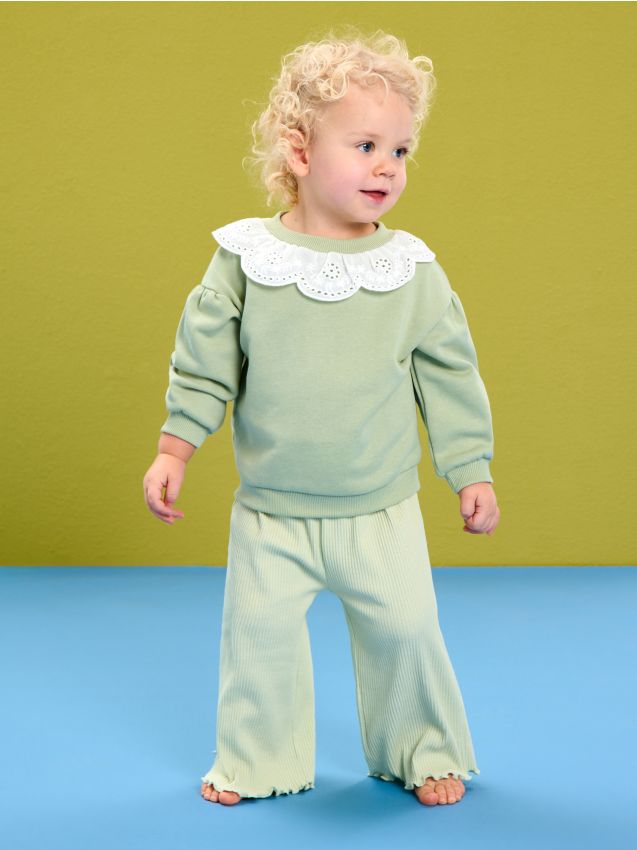 Sinsay - Pantaloni wide leg ribați - verde-metalizat