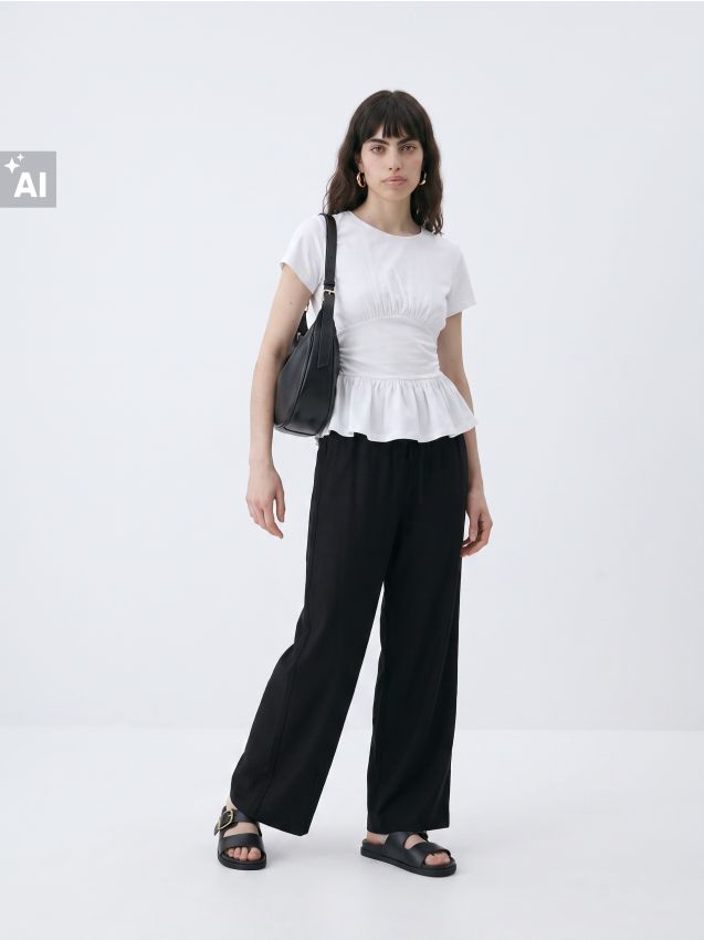 Sinsay - Bluză din bumbac cu peplum și fronseuri - alb