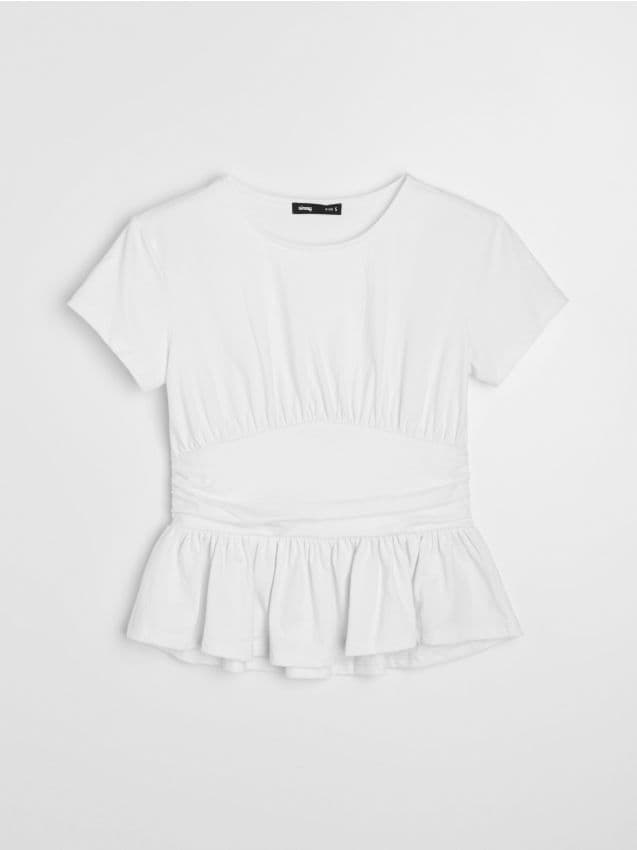 Blusa in cotone con peplo e arricciature - bianco