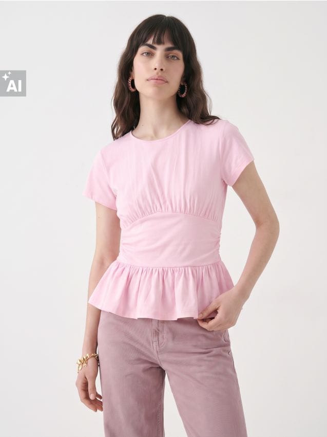 Sinsay - Bluză din bumbac cu peplum și fronseuri - roz-trandafiriu