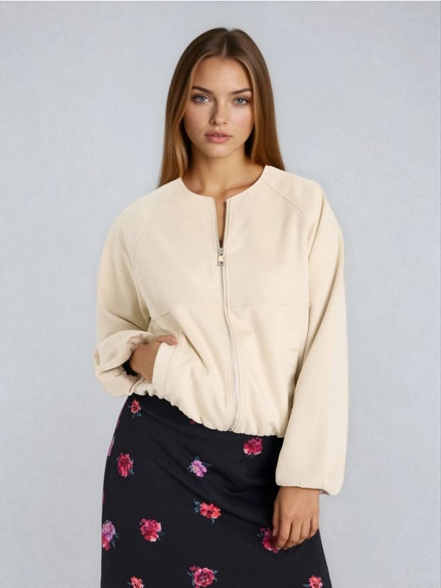 Sinsay - Geacă bomber din piele ecologică întoarsă - crem