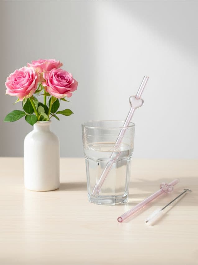 Sinsay - Paie din sticlă cu inimă și perie de curățare 3 pack - roz