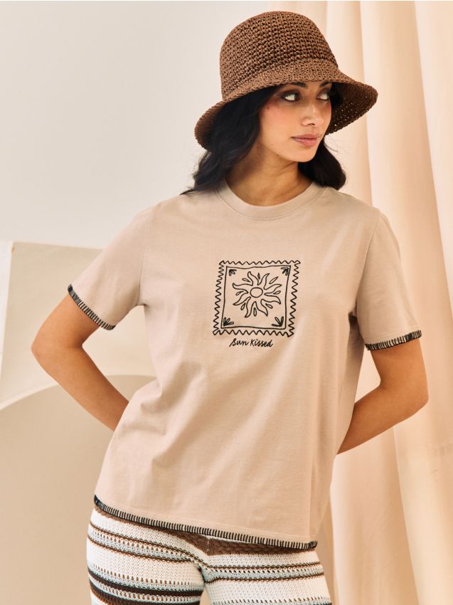 Sinsay - Tricou din bumbac cu broderie - bej