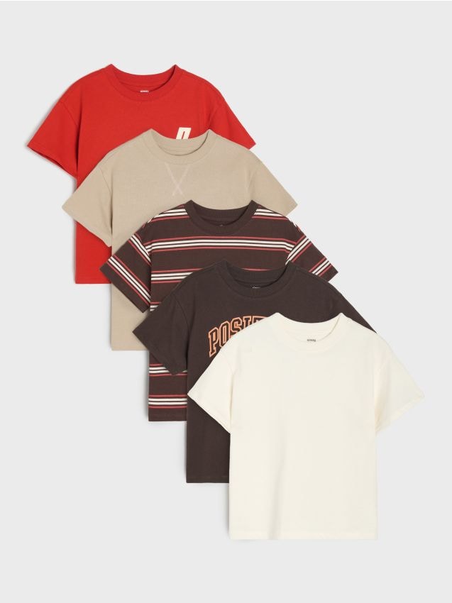 Sinsay - Tricouri loose din bumbac cu imprimeu 5 pack - maro-închis