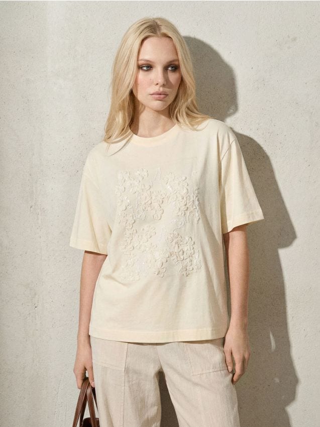 Sinsay - Tricou din bumbac cu aplicație florală și paiete - galben-deschis