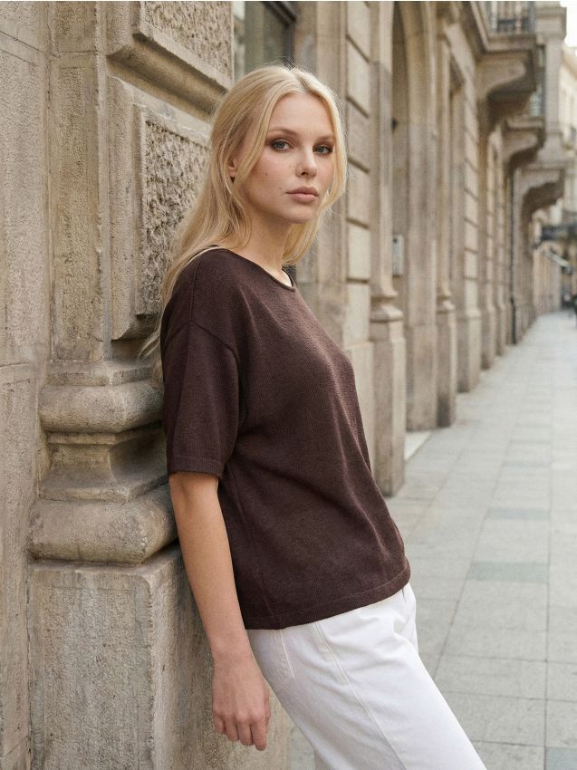 Sinsay - Tricou cu mânecă scurtă cu viscoză - maro-închis