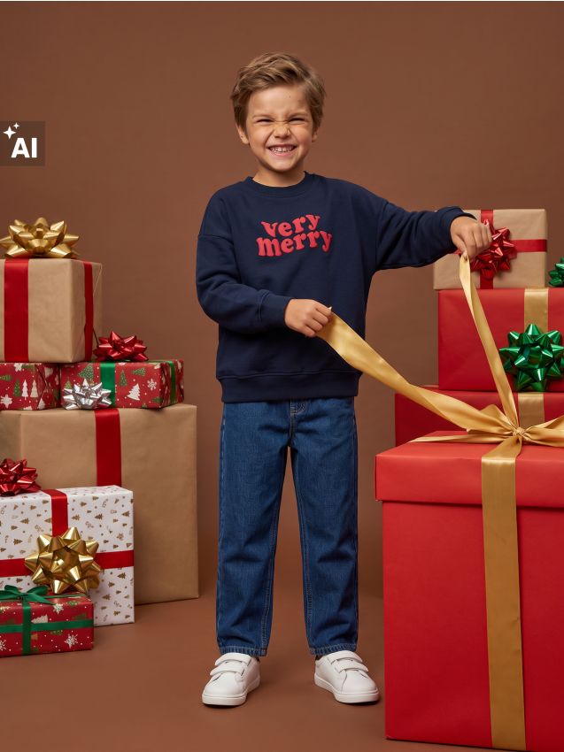 Sinsay - Bluză crewneck cu inscripție Very Merry - bleumarin