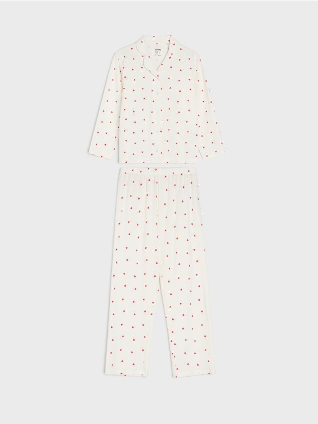 Sinsay - Pijama din bumbac din două piese cu inimioare - crem
