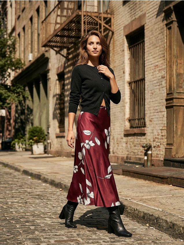 Sinsay - Fustă midi din satin - bordo
