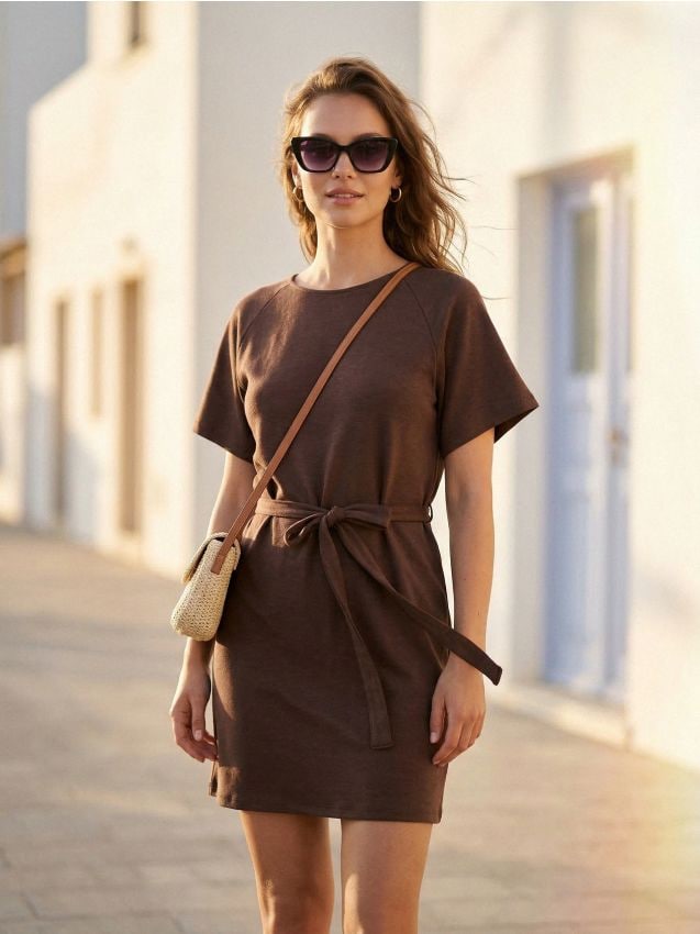 Sinsay - Rochie cu amestec de vâscoză și legătura pe spate - maro