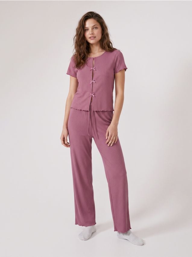 Sinsay - Pijama două piese striată cu adaos de viscoză - violet-închis
