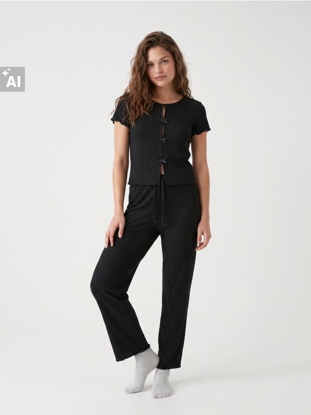 Sinsay - Pijama două piese striată cu adaos de viscoză - negru